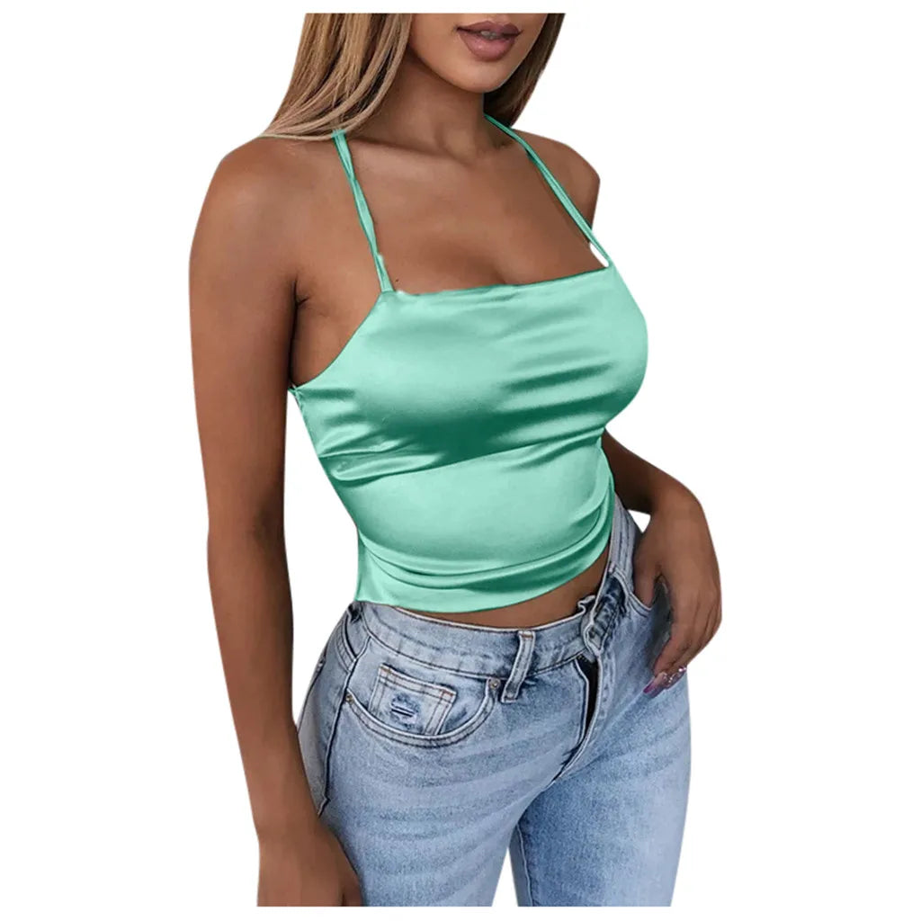 Slim Backless Crop Tops Soft Ice Silk Sexy Camisole Women's Club Party Bandage Camis Y2k Sexy Tank Tops Blusas Ropa De Mujer