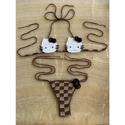 Cute Crochet Bikini Set 2 Pieces Lady's Bathing Suits Sexy Micro Bikinis Ties Swimsuit Thong Swimwear Kwaii Womens Swimming Suit
