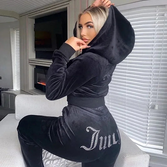 Velour Juicy Sewing Suit Hoodies Velvet Zipper Sweatshirt and Pants Set Sportswear 2023 Women's Spring/Fall Tracksuit Crop Top
