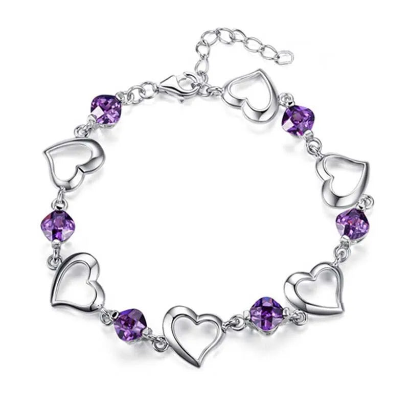 DOTEFFIL 925 Sterling Silver Heart Purple Zircon Bracelet For Women Jewelry Engagement Party Christmas Gift