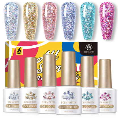 BORN PRETTY 7ml Glitter Gel Nail Polish Set Sparkly Shiny Gold Silver Pink Glitter Gel Polish Kit Winter Christmas Gift Box