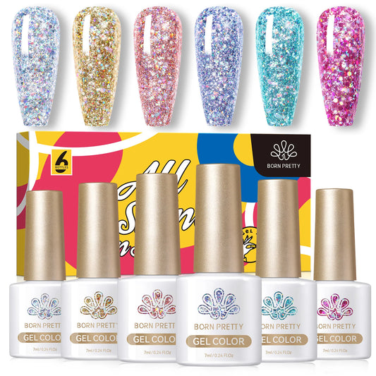 BORN PRETTY 7ml Glitter Gel Nail Polish Set Sparkly Shiny Gold Silver Pink Glitter Gel Polish Kit Winter Christmas Gift Box