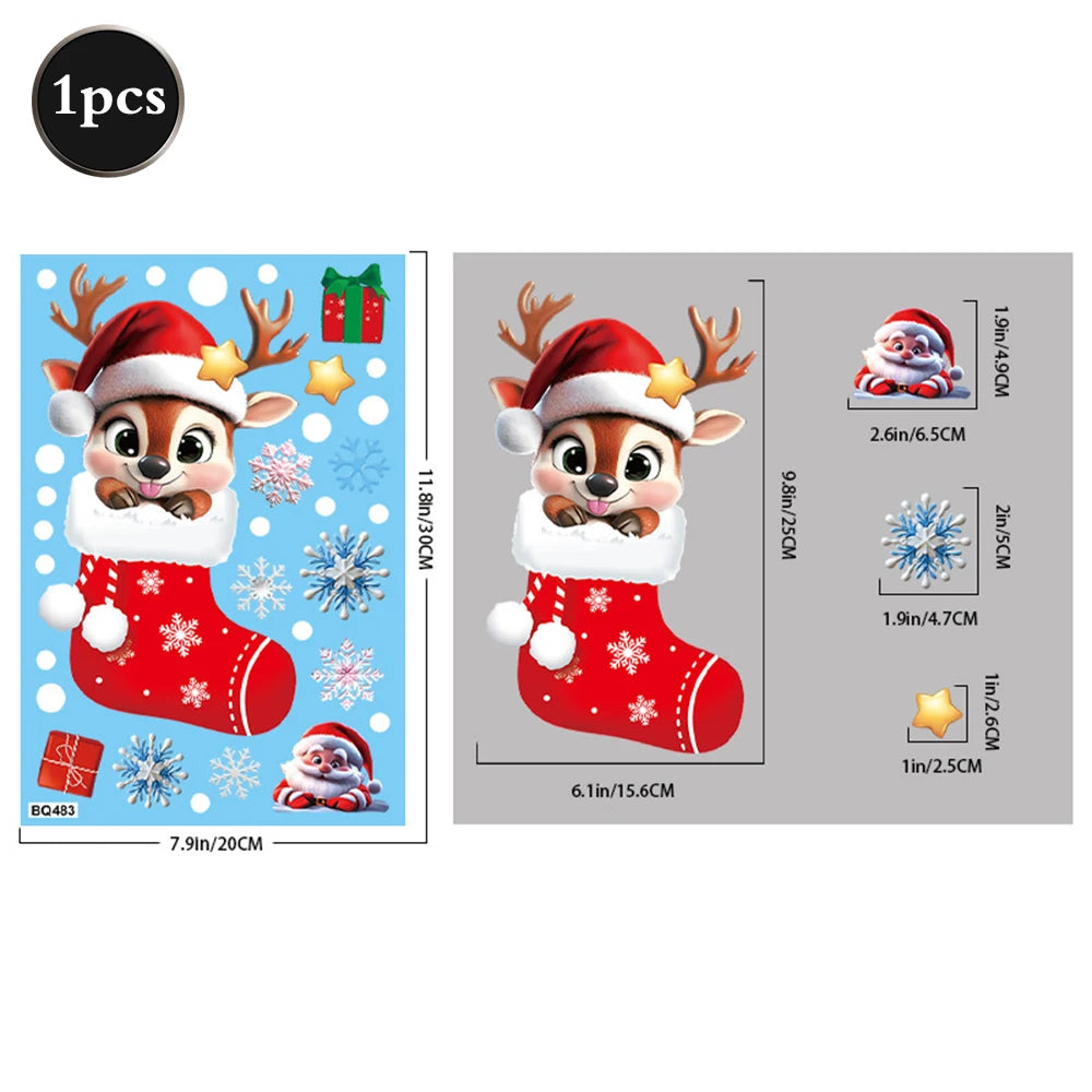 Christmas Window Static Clings Snowman Santa Claus Snowflake Reindeer Cute Xmas Decoration Decal Sticker Home Ornaments Supplies