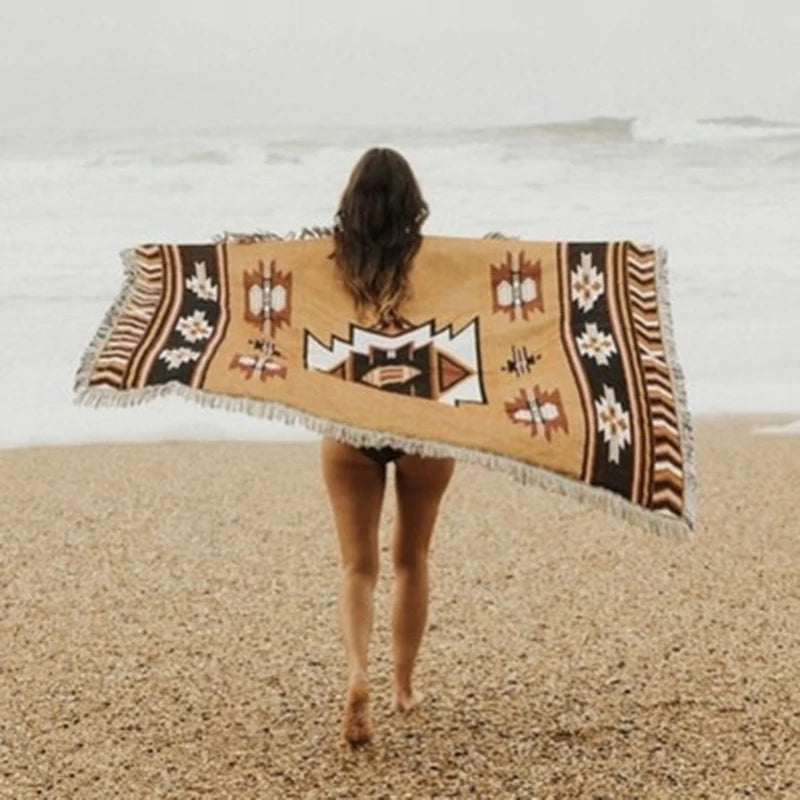 Retro Indian Style Thread Blanket Countryside Geometry Sofa Cobertor Hanging Tapestry Cotton Knitted Sofa Blanket for Bed Travel