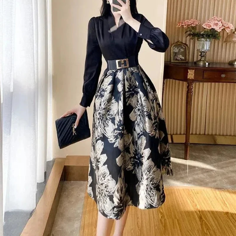 Spring Autumn Women's Clothing Long Sleeve V-Neck Button Floral Patchwork Sashes Casual Elegant Office Lady Midi Skirts Dresses