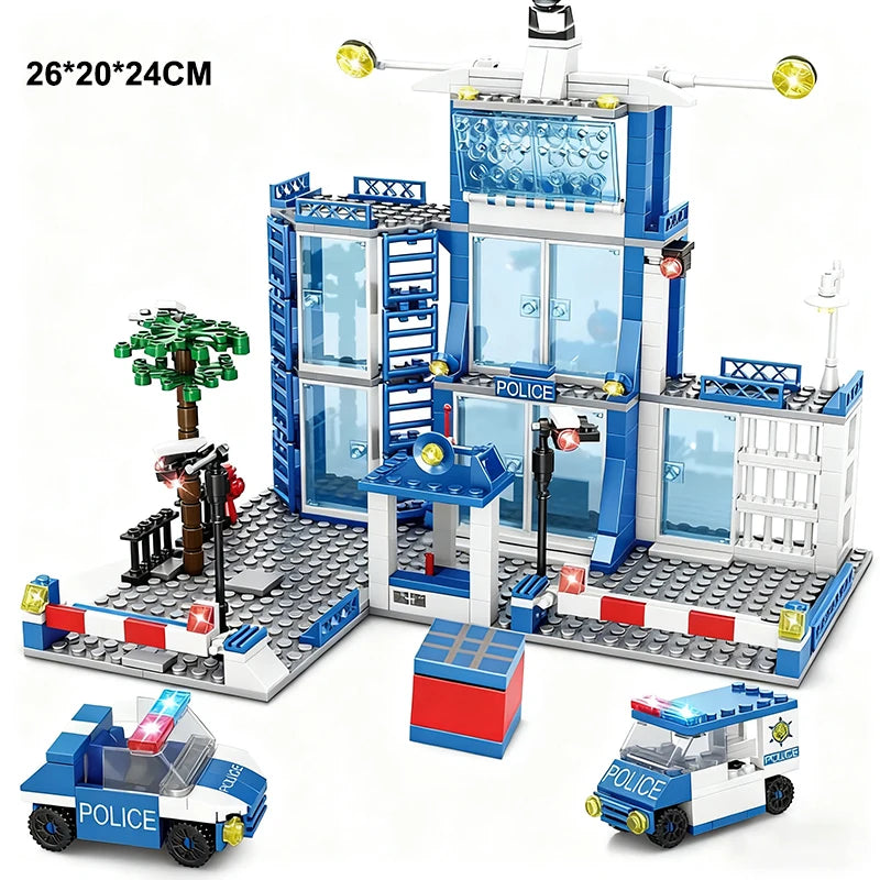 City police station building block group boy DIY car brick police station model building children's educational toy gift