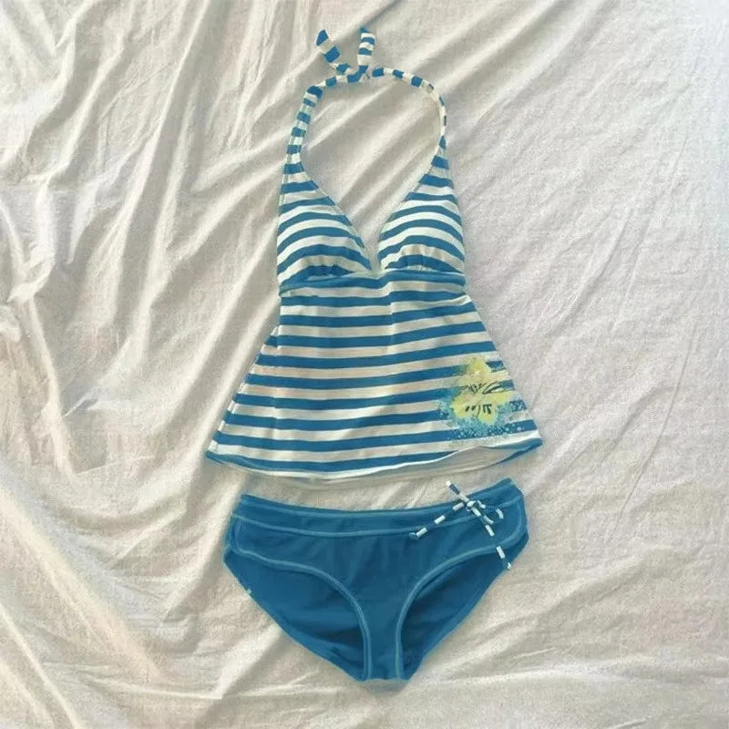 2026 new summer Y2K sexy hanging neck, backless slim fit striped set, beach vacation party, spicy girl, fashion trend suit