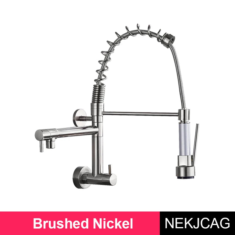 Wall Mounted Spring Kitchen Faucet Chrome Black Pull Down Sink Faucets Single Cold Water Dual Spouts Mixer 360 Rotation Crane