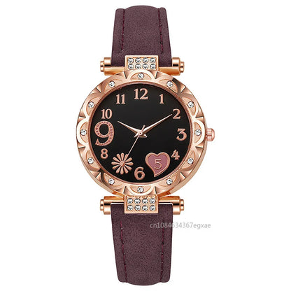 2/1PCS Fashion Heart Dial Women's Watches Luxury Leather Band Quartz Watch Rhinestone Bracelet Set Female Relogio Feminino