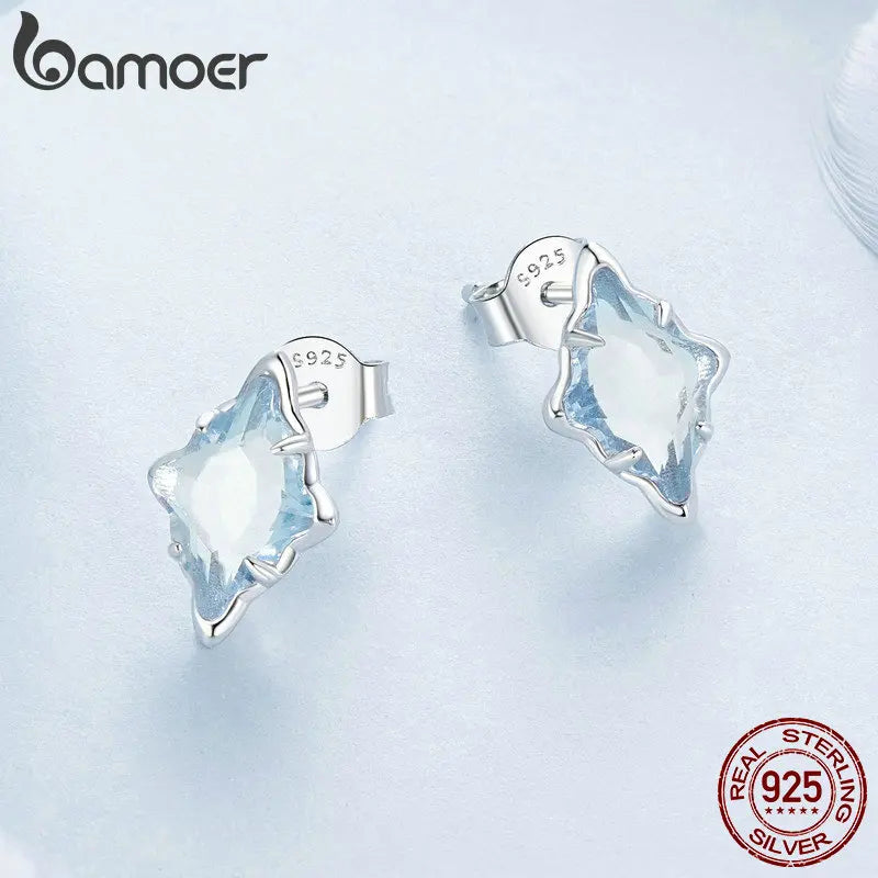 BAMOER Original 925 Sterling Silver Blue Starry Stud Earrings White Gold Hypoallergenic Earrings for Women Fine Jewelry Gift
