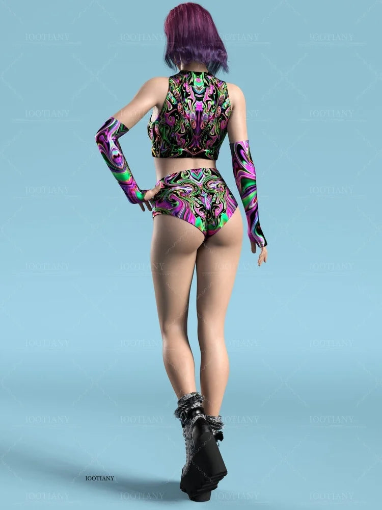 Adult Sleeveless Multicolor Role Play Bodysuit Swimsuit Women Sexy Hollow Off Shoulder Graffiti Art Bodycon Performance Costume