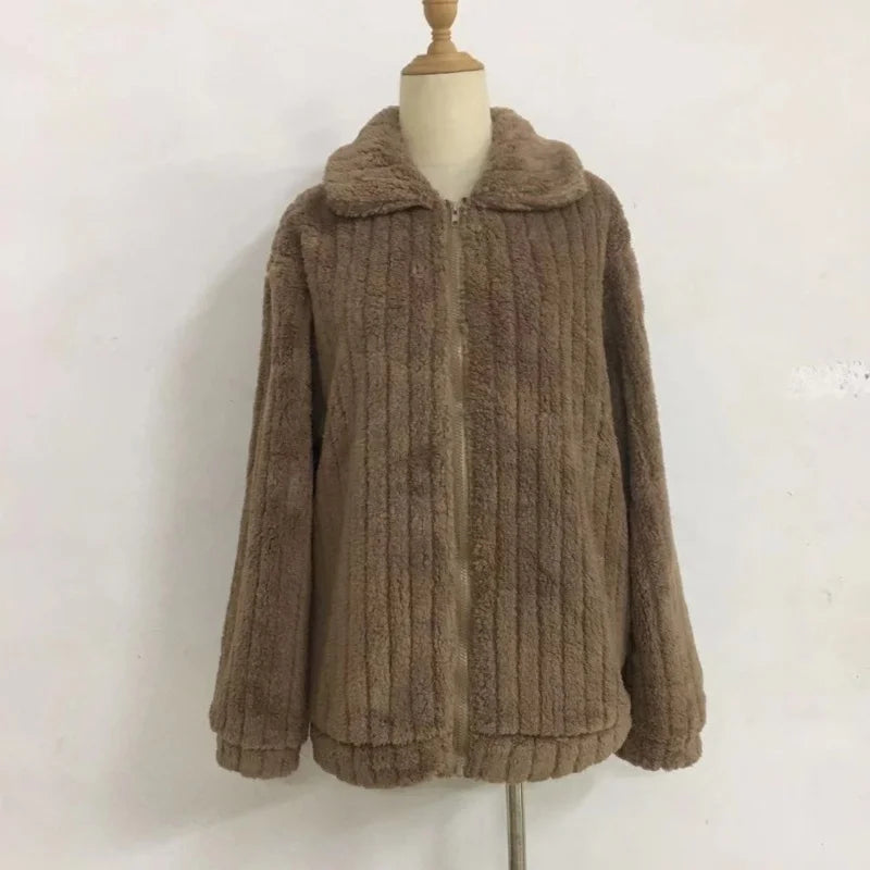 Autumn Winter Women Warm Furry Jacket New Fashion Patchwork Lapel Overcoat Female New Elegant Casual Communte Holiday Outerwears