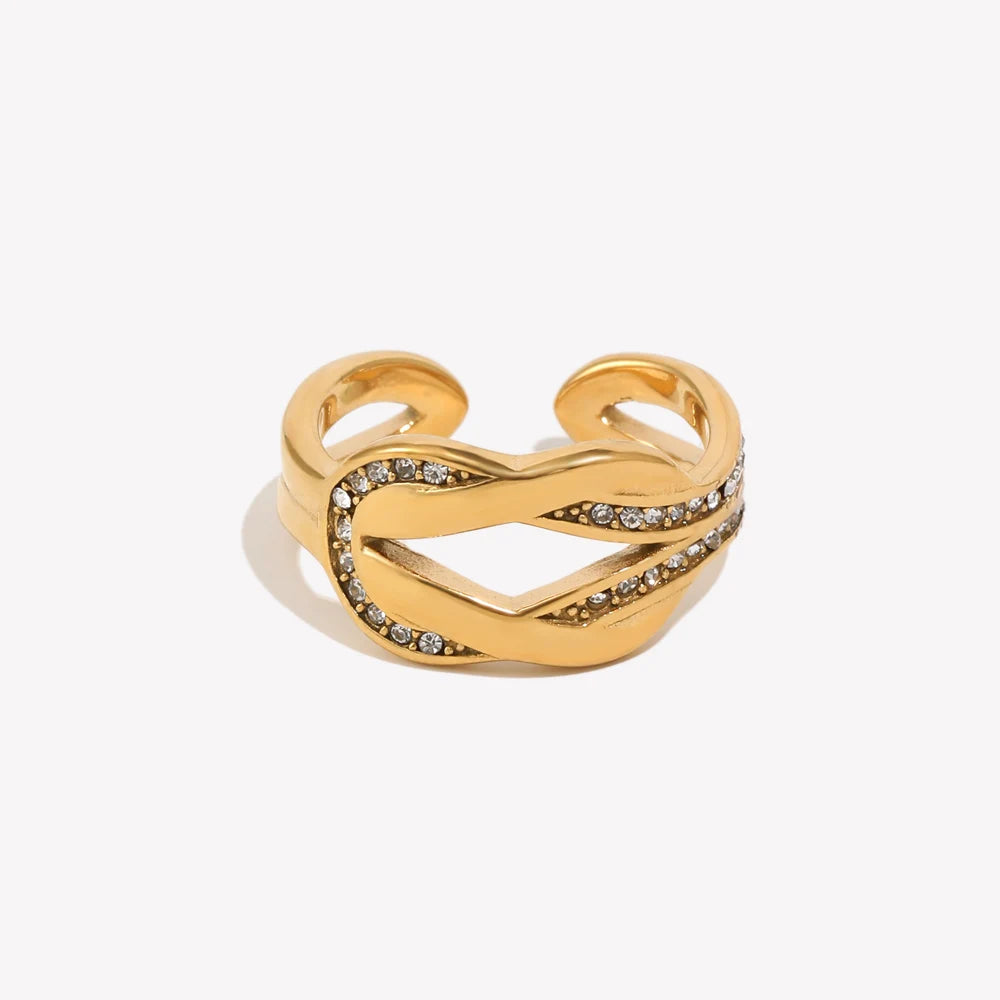 E.B.belle 18K Gold Plated Interwoven Open Rings Crystal Stainless Steel Minimalist Rings For Women Waterproof Jewelry For Gift