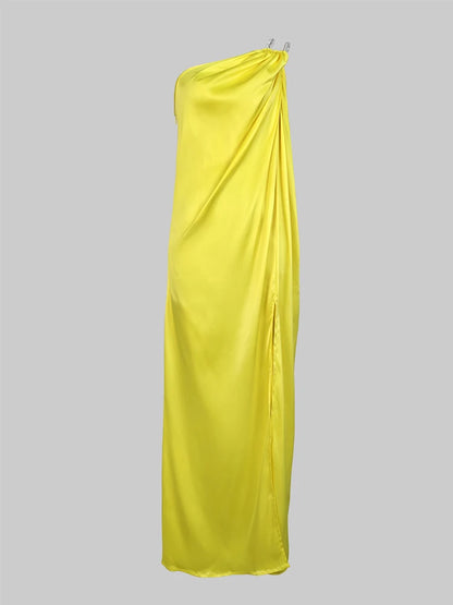 Women Fashion One-Shoulder Split-Side Halter Prom Dress 2024 New Summer Sleeveless Pleated Party Evening Dresses