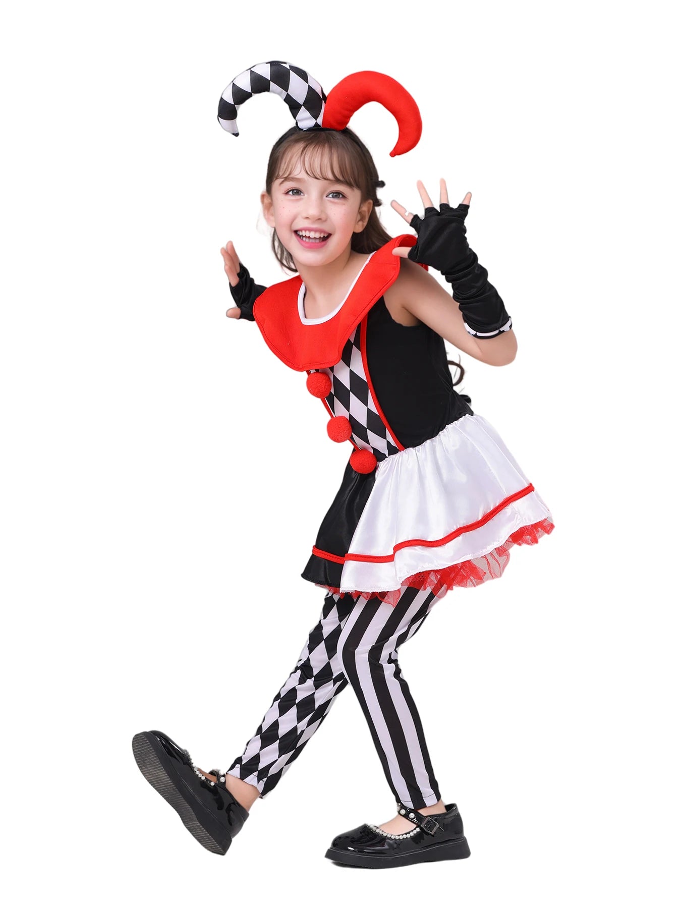 Girls jester clown costume featuring a playful design with hat, black and white stripes, and pom-poms