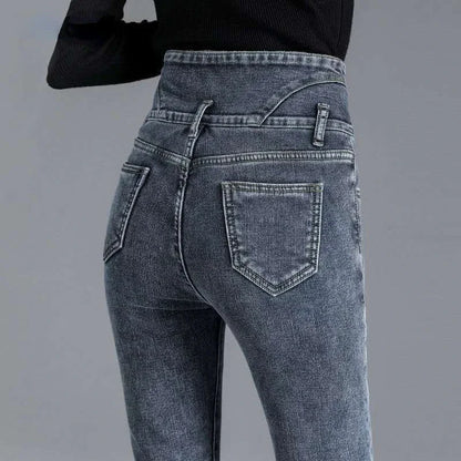 New Winter Thick Velvet Women High Waist Skinny Jeans Simple Fleece Warm Slim Fit Stretch Ladies Casual Denim Mom Pencil Pants