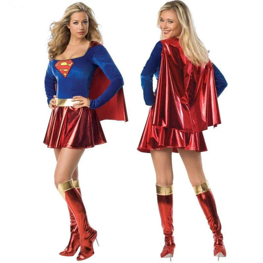 EtherealBe superwoman dress cosplay costume with blue top, red skirt, and shiny cape for superhero fans