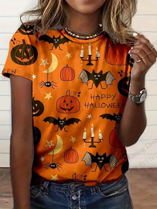 EtherealBe Halloween 3D print t-shirt women featuring bats, pumpkins, and spooky patterns