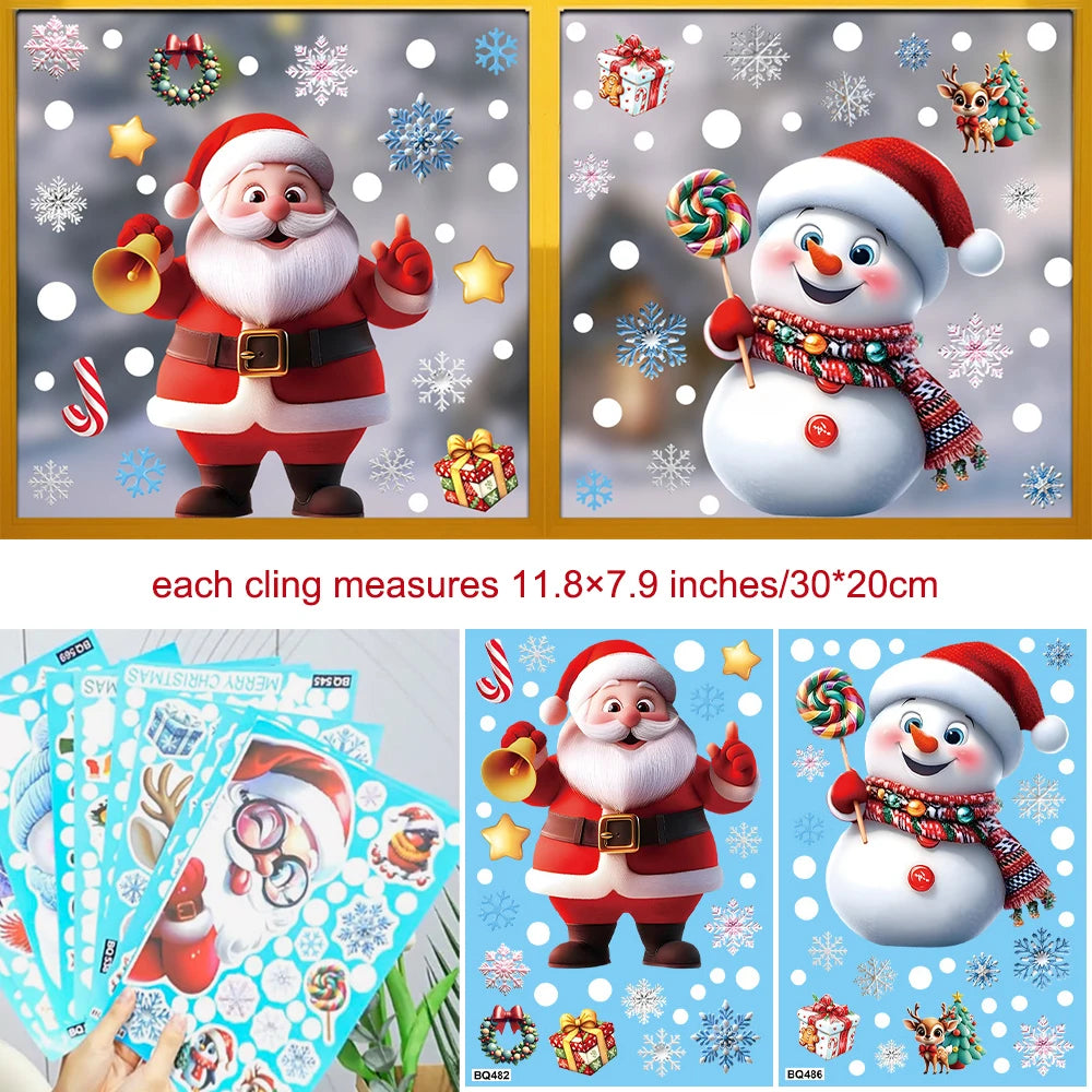 Christmas Window Static Clings Snowman Santa Claus Snowflake Reindeer Cute Xmas Decoration Decal Sticker Home Ornaments Supplies