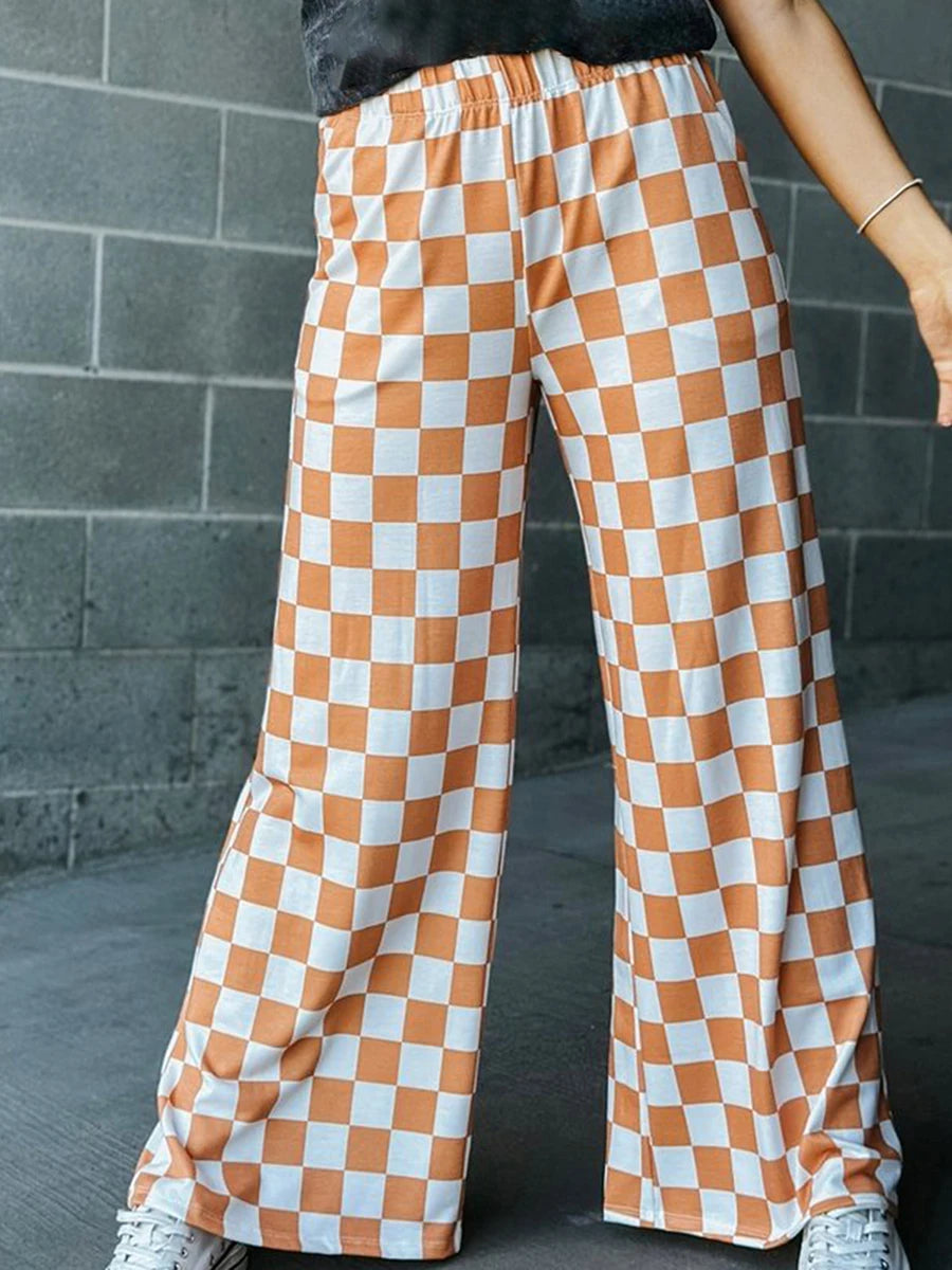 Womens Checkered Wide Leg Pants High Elastic Waisted Straight Loose Fitted LoungeTrouser Y2k Korean Streetwear