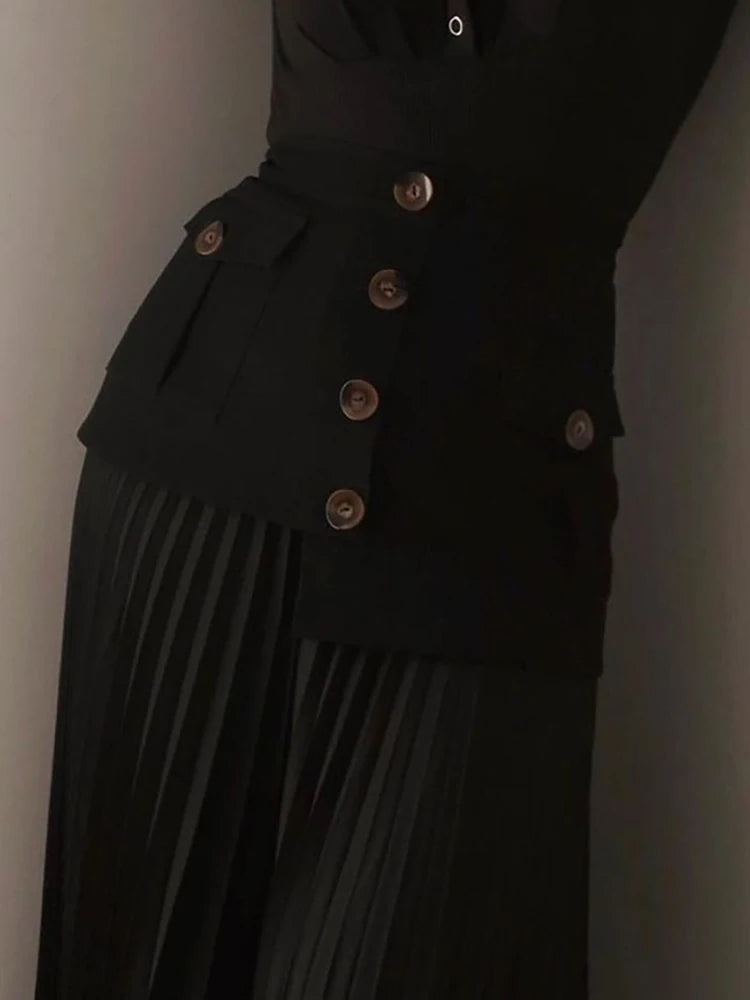 DEAT Fashion Women's Skirt High Waist Spliced Single Breasted Pleated Irregular Solid Color Long Skirts Spring 2024 New 17A6142