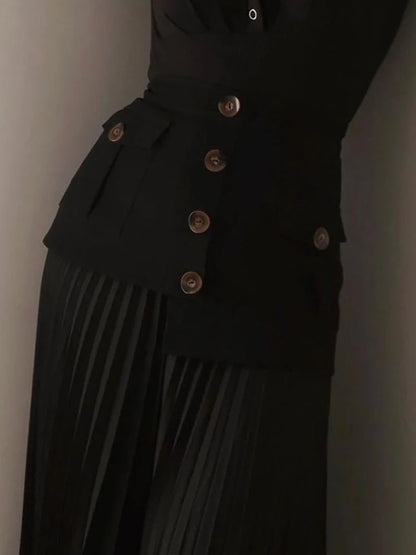 DEAT Fashion Women's Skirt High Waist Spliced Single Breasted Pleated Irregular Solid Color Long Skirts Spring 2024 New 17A6142