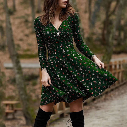 V Neck Manches Long Sleeve Robe Female Retro Elegant Party Culb Dress Temperament Solid Color High Waist Pleated Dresses