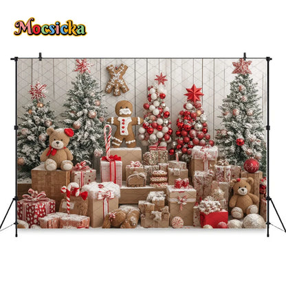 Mocsicka Christmas Gift Room Background for Winter Kid Photography Xmas Tree Gingerbread Man Snowy Backdrop Decor Photo Studio