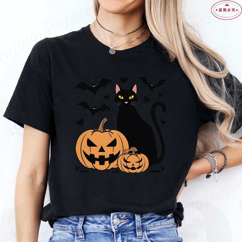 Black Cat Halloween Print Women's Summer T-shirt Casual Clothing Oversized Y2k Personality Short Sleeve Tops Spooky Season Tees