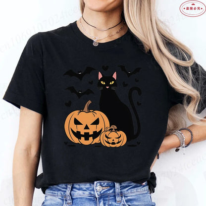 Black Cat Halloween Print Women's Summer T-shirt Casual Clothing Oversized Y2k Personality Short Sleeve Tops Spooky Season Tees