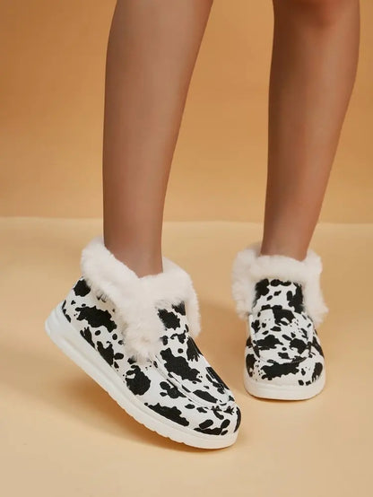 2025 Autumn Winter Women Fluffy Fur Snow Boots Women Leopard Print Flat Flat Heels Thicken Plush Cotton Padded Shoes Woman Warm