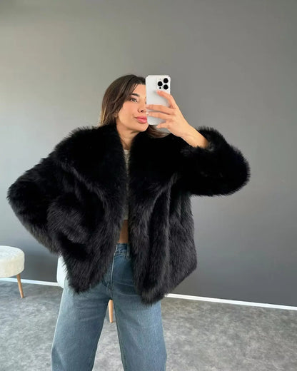 HH Winter Women Elegant Warm Plush Coat Turn-Down Collar Thick Cardigan Coat Female Pocket Long Sleeve Short Outerwear Mujer