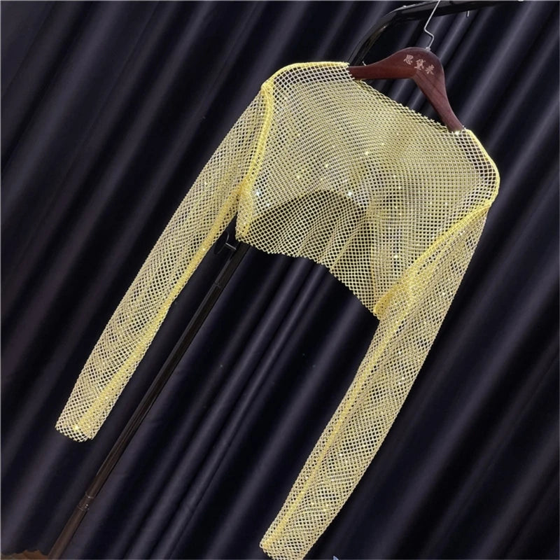 Women Colorful Rhinestones Long Sleeve Crop Top Sparkly Glitter Drill Shawls Shrug See Through Fishnet Cover Up Clubwear