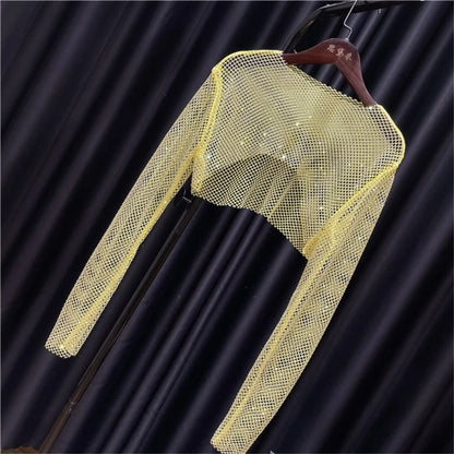 Women Colorful Rhinestones Long Sleeve Crop Top Sparkly Glitter Drill Shawls Shrug See Through Fishnet Cover Up Clubwear
