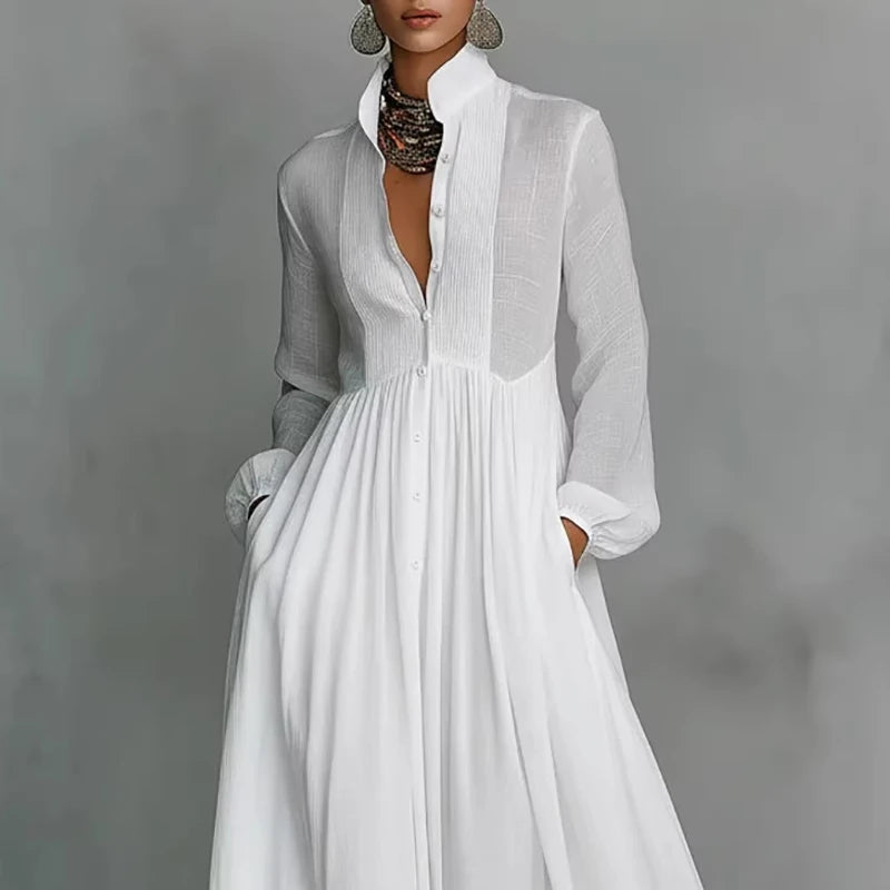 Spring Women's Standing Collar Long Sleeved Loose Dress White Button Pockets Holiday Robe Dress Fashion Pleated High Waist Dress