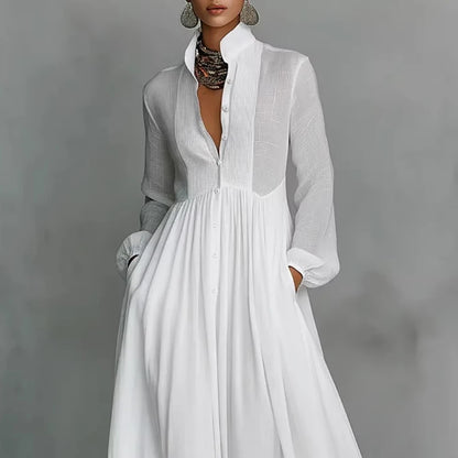 Spring Women's Standing Collar Long Sleeved Loose Dress White Button Pockets Holiday Robe Dress Fashion Pleated High Waist Dress