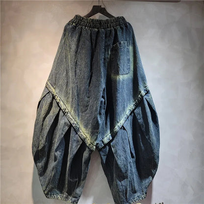 DEAT Personality Loose Denim Pants For Women 2025 Spring New Item High Elastic Waist Big Size Splicing Jeans Female 11A02417