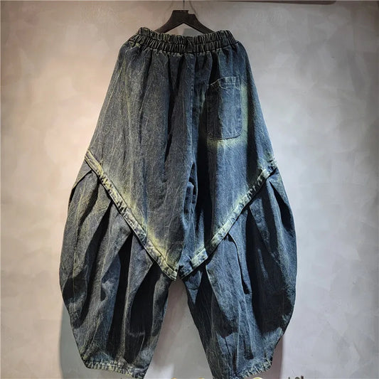 DEAT Personality Loose Denim Pants For Women 2025 Spring New Item High Elastic Waist Big Size Splicing Jeans Female 11A02417