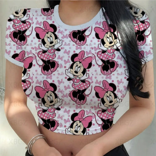 T-shirts Slim Fit Y2k Print Woman Clothes Cartoon Fashion Blouses 2024 Sexy Women's T-shirt Mickey Crop Top Minnie Mouse Disney