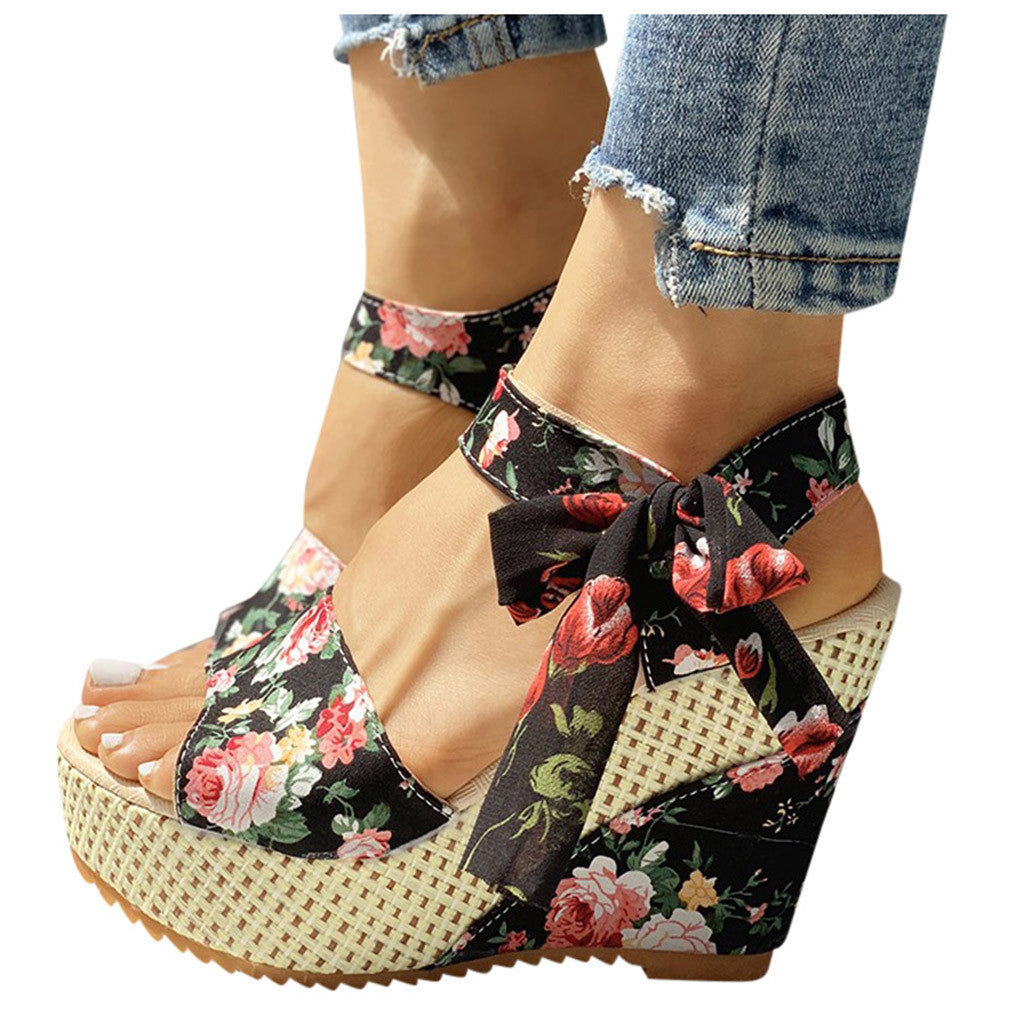 Heel Footwear Ladies Shoes Platform Floral Women's Lace-up Wedges Comfy Wedge Sandals For Women Dressy Sandals For Women