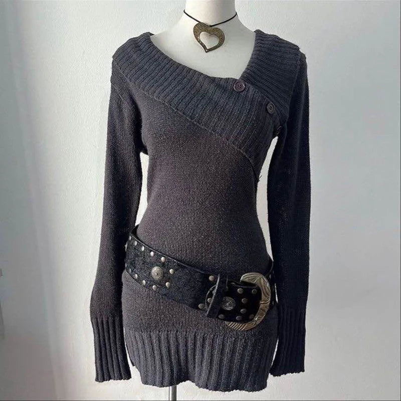 NEW Fall Winter Sweater Casual Slim Fit Chic Solid Color Ribbon Decoration One-shoulder Pullover Y2K Harajuku Womens Streetwear