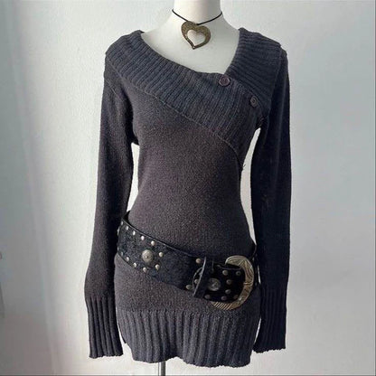NEW Fall Winter Sweater Casual Slim Fit Chic Solid Color Ribbon Decoration One-shoulder Pullover Y2K Harajuku Womens Streetwear
