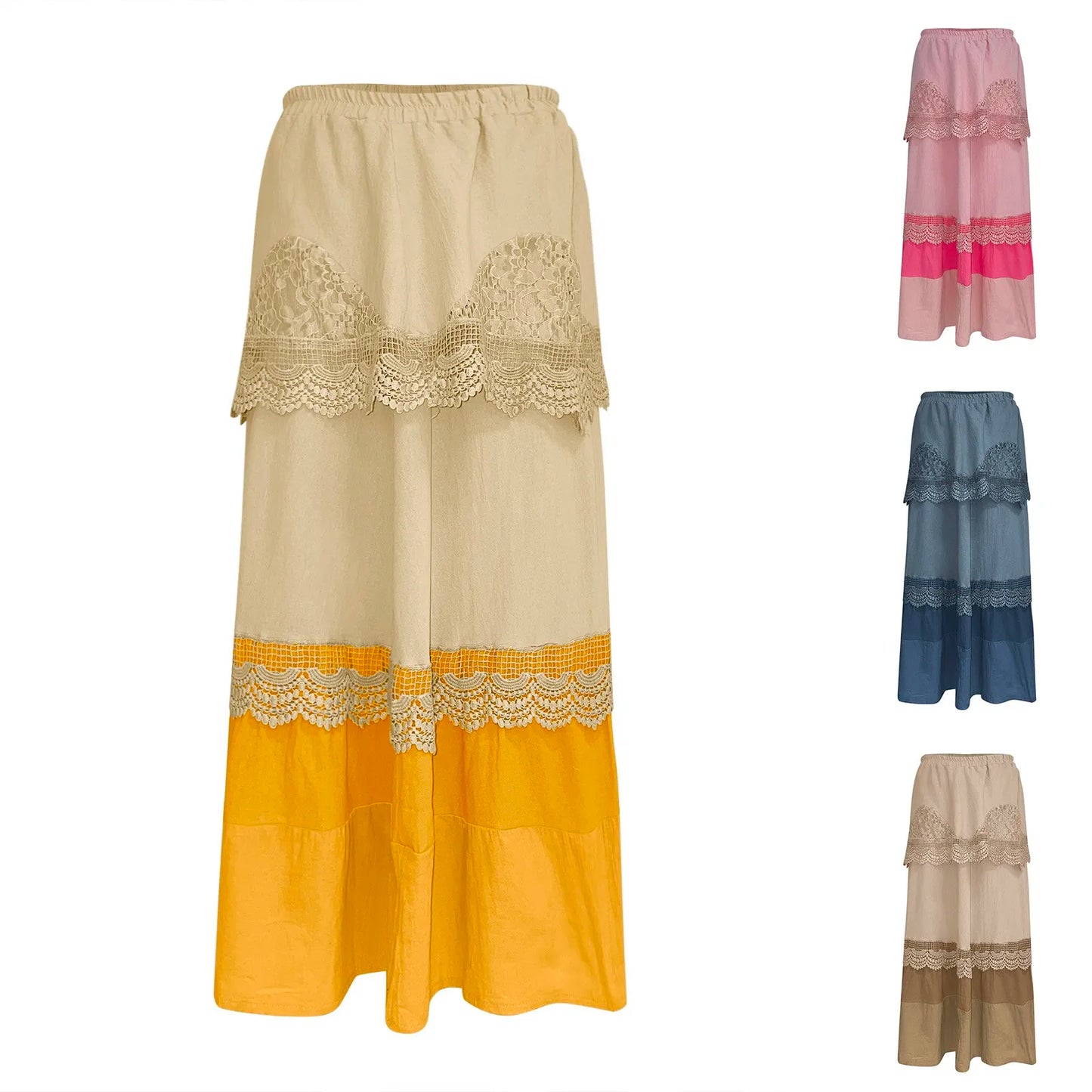 Women's 2025 Summer Boho Tiered Long Lace Skirt Maxi Flared Long Skirts For Women Fairy Casual Patchwork Layered Long Skirts