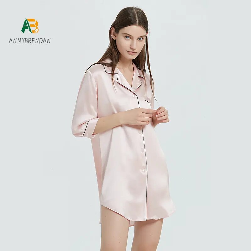 Silk Sexy Shirt Sleeping Dress Simple Solid Color Pijama Mujer Pijama Sexie Mujer Para Dormir Mulberry Silk Night Gown for Women