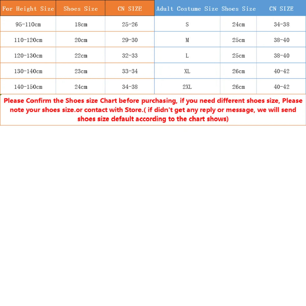 EtherealBe Demon Slayer Nezuko cosplay costume size chart for kids and adults with shoe size details