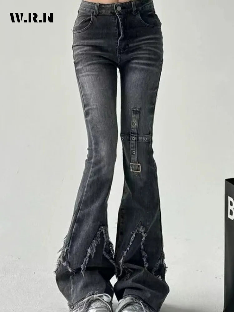 New retro slim-fitting women pants Y2k fashion trendy wasteland trousers legs furrow stretch jeans for women