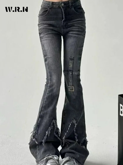 New retro slim-fitting women pants Y2k fashion trendy wasteland trousers legs furrow stretch jeans for women