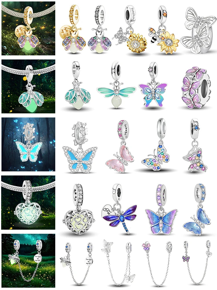 Original 925 Sterling Silver Charms Beads Glowing Luminous Bee Firefly Butterfly Pendant for Bracelet Bangle Charm DIY Jewelry