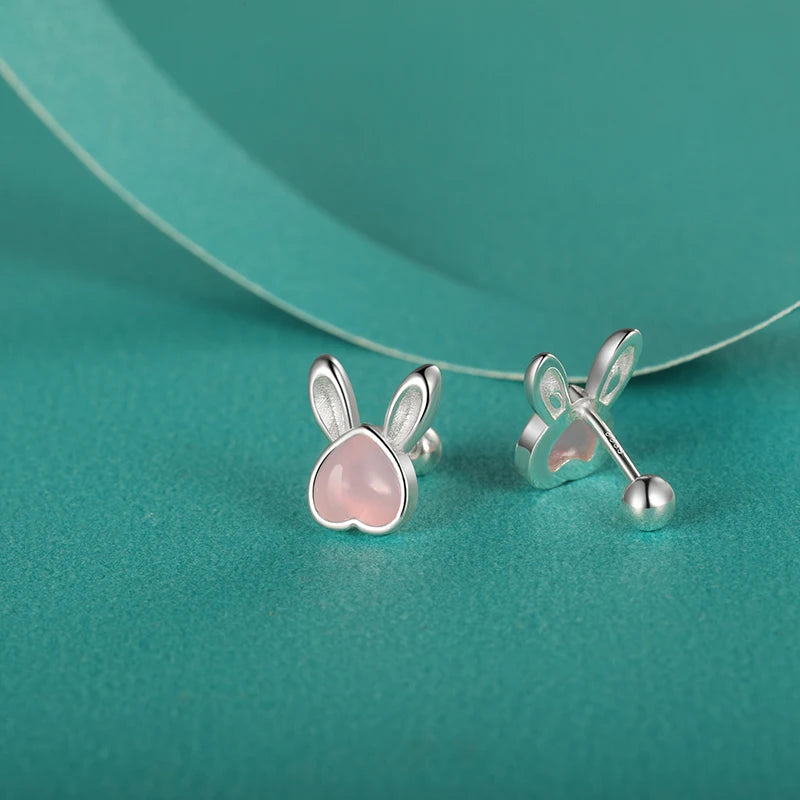 TrustDavis Real S999 Sterling Silver Kids Animal Rabbit Moonstone Screw Stud Earrings For Daughter Girls Fine Jewelry DF2044