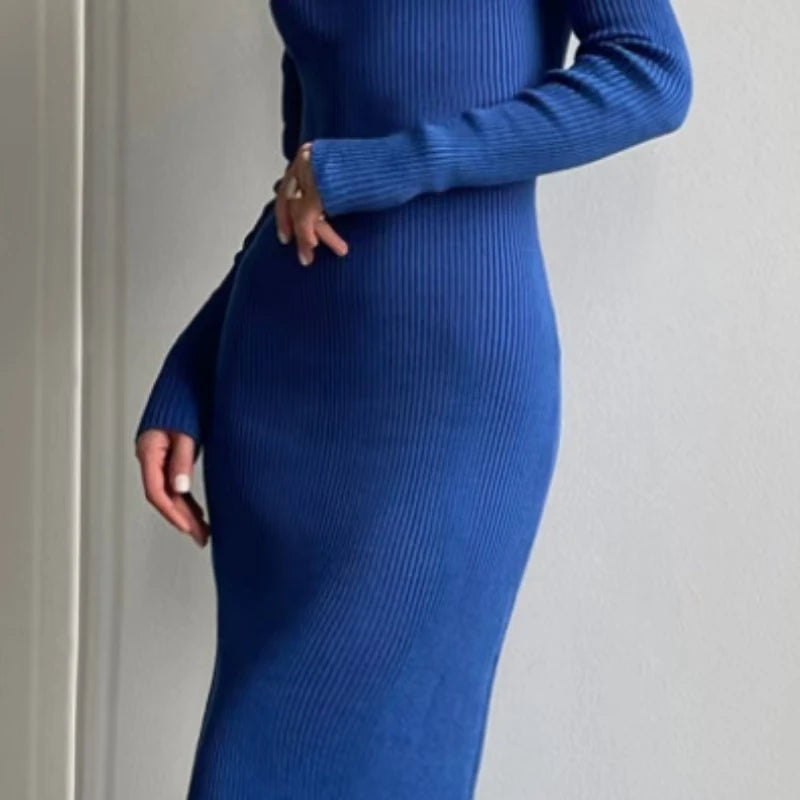 Autumn Winter Sexy High Split Sweater Dress Women Full Sleeve Basic Slim Elastic Bodycon Long Dress Party Vestidos